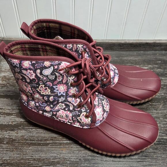 Simply Southern Women's Paisley Pink/Wine Duck Lace Up Boots Size 11 - Picture 1 of 8